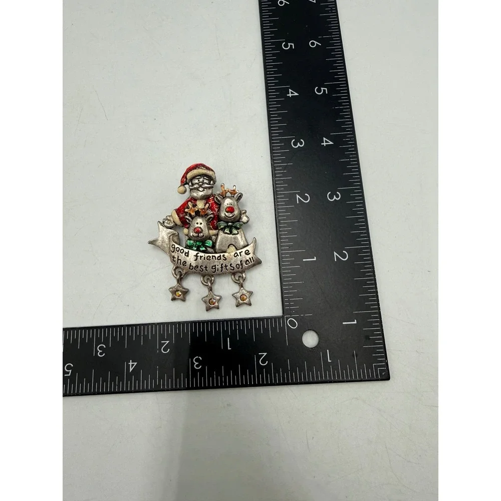 AJMC Santa Reindeer Christmas Brooch Pin Silver Tone Good Friends Banner Stars